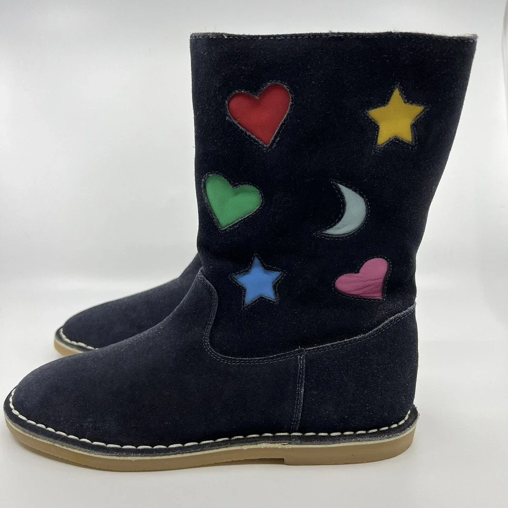 NEW Boden Suede Applique Boots Girls 4.5 Navy‎ Blue Hearts Stars Moon Zip Up